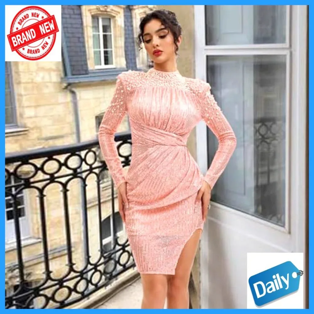 Long Sleeve Sequin Mock Neck Backless Bodycon Prom Cocktail Party Dress - Picture 3 of 6